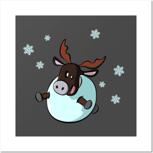 Snowball reindeer with snowflakes Posters and Art